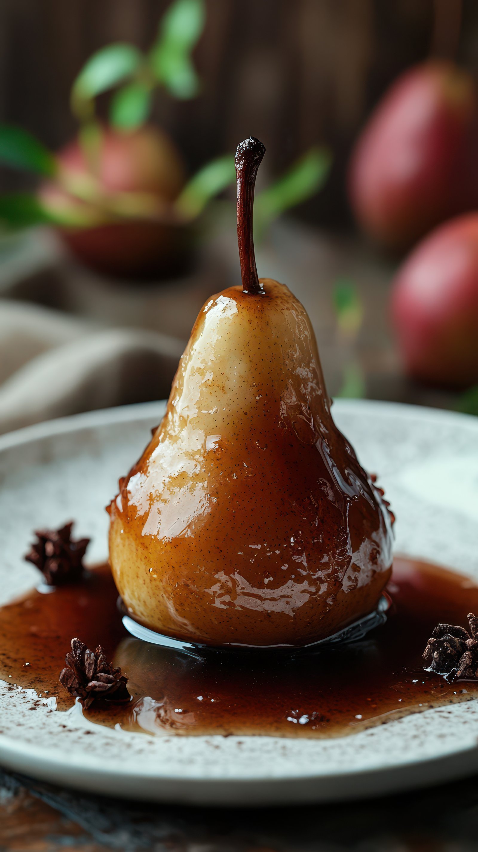 Glazed pear dessert served on dish garnished with star anise and green leaves on rustic table